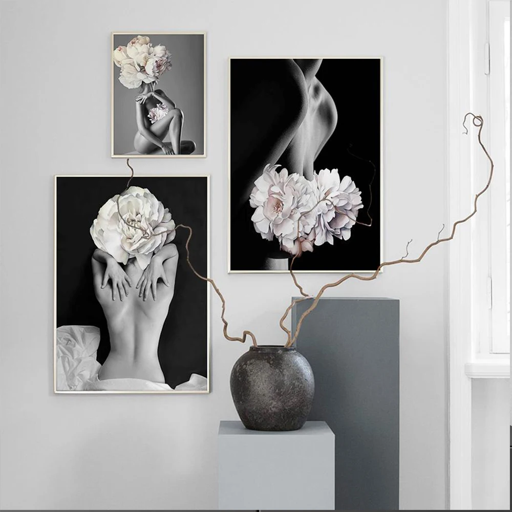 Sexy Woman Poster Canvas Painting Naked Girl Head Breast Flower Wall Art Picture Nordic Modern Prints for Living Room Home Decor