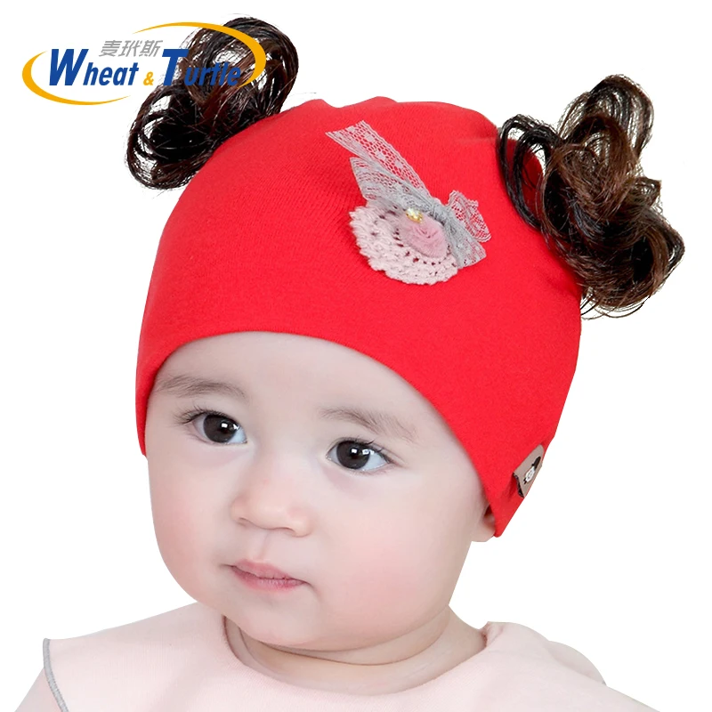 Baby Hat Artificial Fake hair   Boy Cap Cotton Printing Pompom Bobble  For Girls Winter Children s Caps