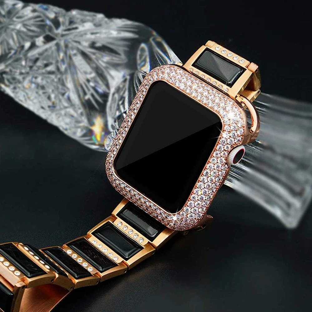 Bling Protective Cover Case for Apple Watch iWatch Series 7/SE/6 41mm 45mm 40mm 44mm for Women Material Copper Shiny Rhinestone