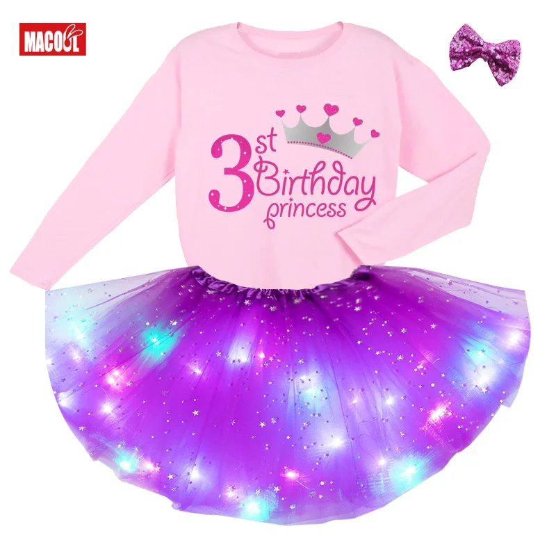 

2021 kids Girls Long Sleeve T-shirt+luminous Skirt+hairpin Sets Personalized A Birthday Present Personalized Customization Dress