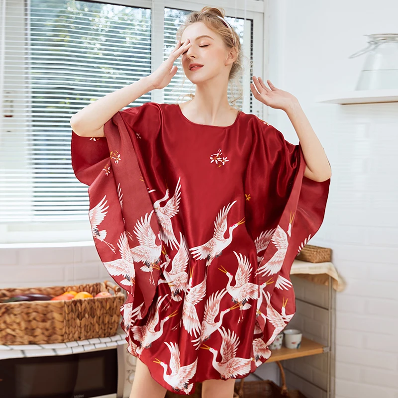 2021 Latest Fashion Personality Big Version Silk Pajamas Women's Summer Bat Sleeve Nightdress Women's Summer Big size Home Cloth