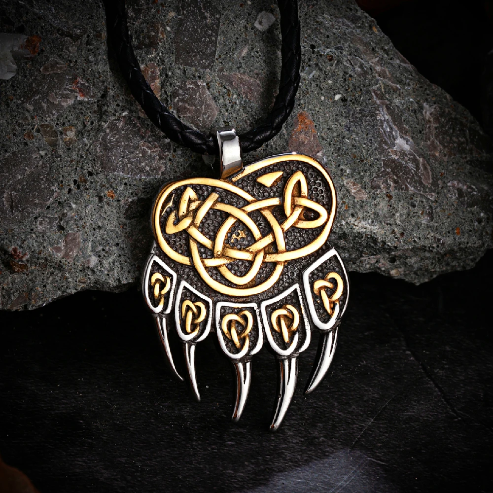 Mens Vikings Bear Claw Necklaces Stainless Steel Wolf Paw Self-defense Amulet Norse Runes Trinity Pendant Scandinavian Jewelry