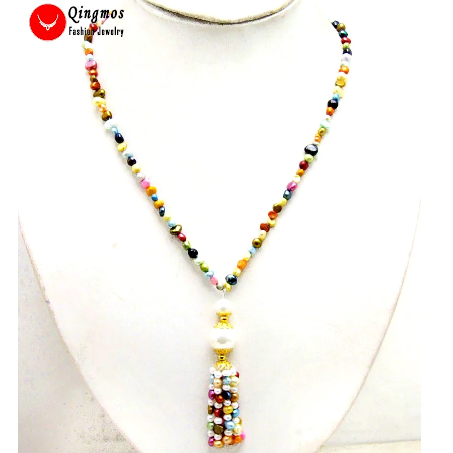 Qingmos Natural 4-5mm Baroque Multicolor Pearl Necklace for Women Multicolor Pearl Tassel Pendant Necklace Long Necklace 20''