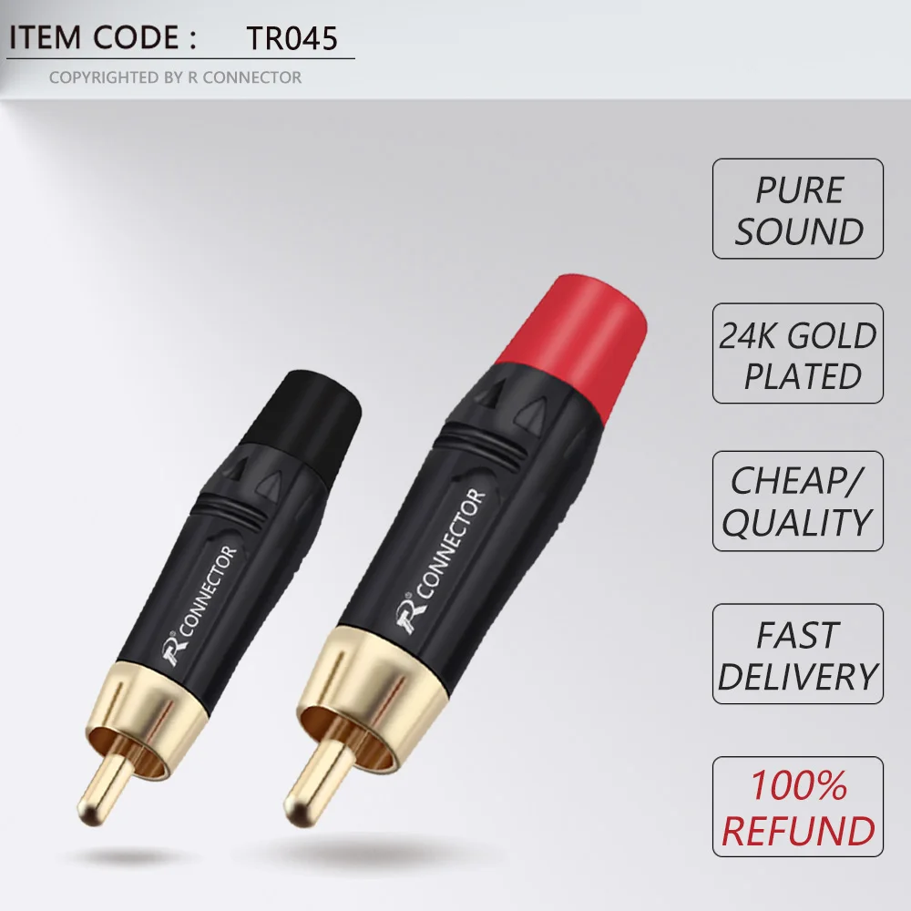 20pcs RCA Male Connector High quality gold plating audio adapter black&red pigtail speaker plug for 7MM Cable