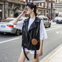 Women Fashion Adjustable Waist Pu Leather Sleeveless Jacket Motorcycle Vest Tops Lapel Collar Loose Fit Punk Style Waistcoat