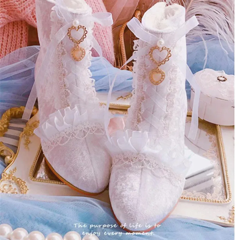 White Lace Ribbon Princess Court Booties Cos Lolita Loli Victoria Kawaii Japanese Sweet Girl Shoes Anime Lolita Shoes Low Help