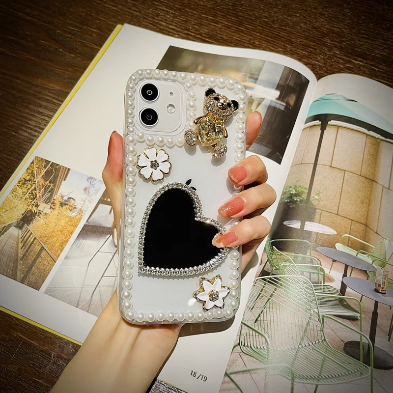 Rhinestone Love Heart Phone Case, Mirror Bling, Pearl, for Samsung S22, S20, S21, S23, S10 Plus, Note20 Ultra