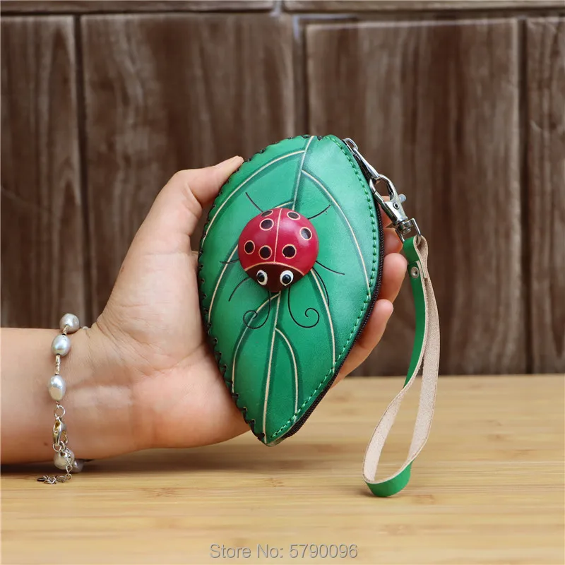 Leather Handmade Creative Leaves Seven Star Ladybug Mini Coin Purse Leather Card Key Case Clutch Clutch Clutch