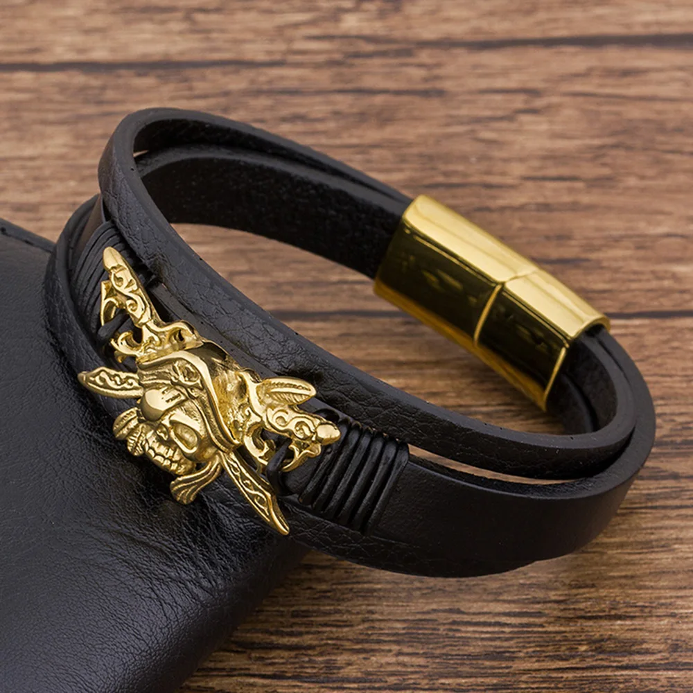 TYO Fashion Luxury Genuine Leather Pirate Bracelet Men Black Magnet Stainless Steel Rope Braided Bangle Jewelry Birthday