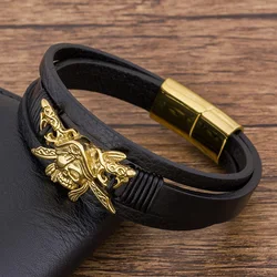 TYO Fashion Luxury Genuine Leather Pirate Bracelet Men Black Magnet Stainless Steel Rope Braided Bangle Jewelry Birthday