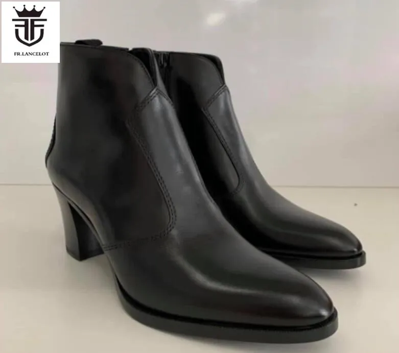 2021 brand new men boots 8cm heel men black leather boots point toe ankle booties party shoes zip side men boots