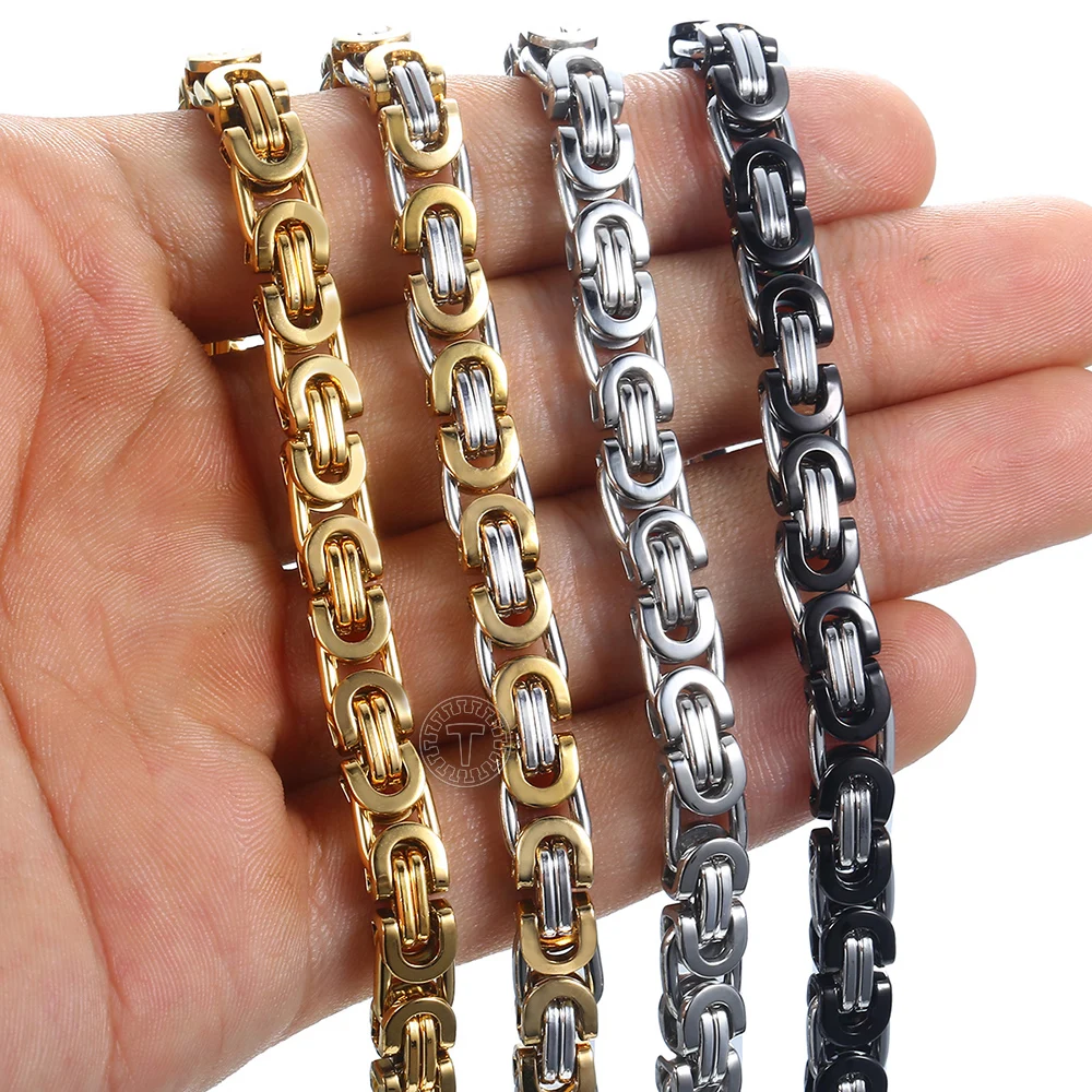 7/9/11mm Men\'s Bracelet Stainless Steel Byzantine Link Chain Gold Color Black Bracelets Male Jewelry 7-11\