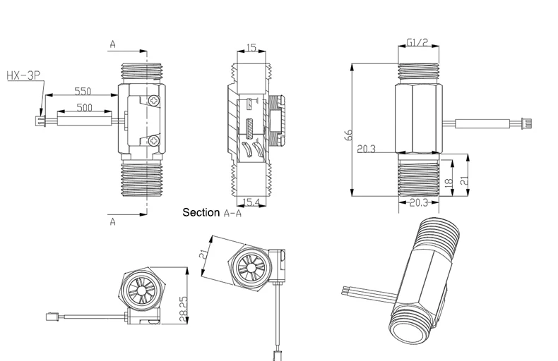 1/2" Wasserdurchflusssensor Messing Außengewinde DN15 Hall-Sensor Turbinen-Durchflussmesser DC5~18V Verwendet für Warmwasserbereiter Wasserspender – Detail 4