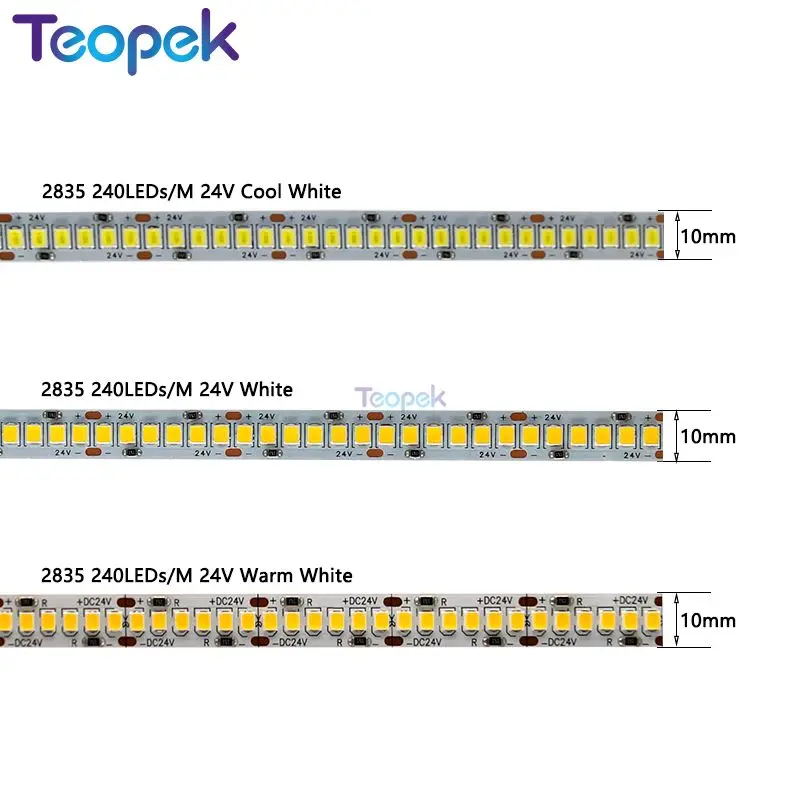Lumière LED Flexible à une rangée, 5 m/lot, PCB 10MM, DC24V 2835 240 diodes/m, haute luminosité 1200 LED, blanc chaud/blanc