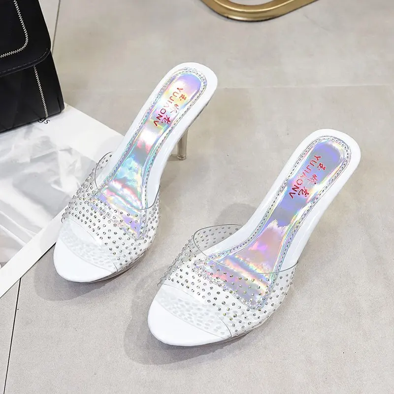 Voesnees Women Shoes Transparent Crystal Slippers Female Sandals 9cm Sexy High Heel Women Shoes Outdoor Home Fish Mouth Slide