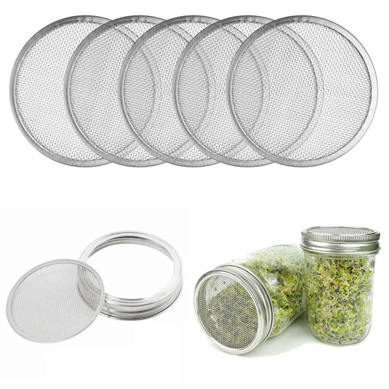 5Pcs Seeds Sprouting Lid Stainless Steel Mesh Screen Strainers Filter Sprouter Mason Canning Jars Sprouting Lid Garden Supplies