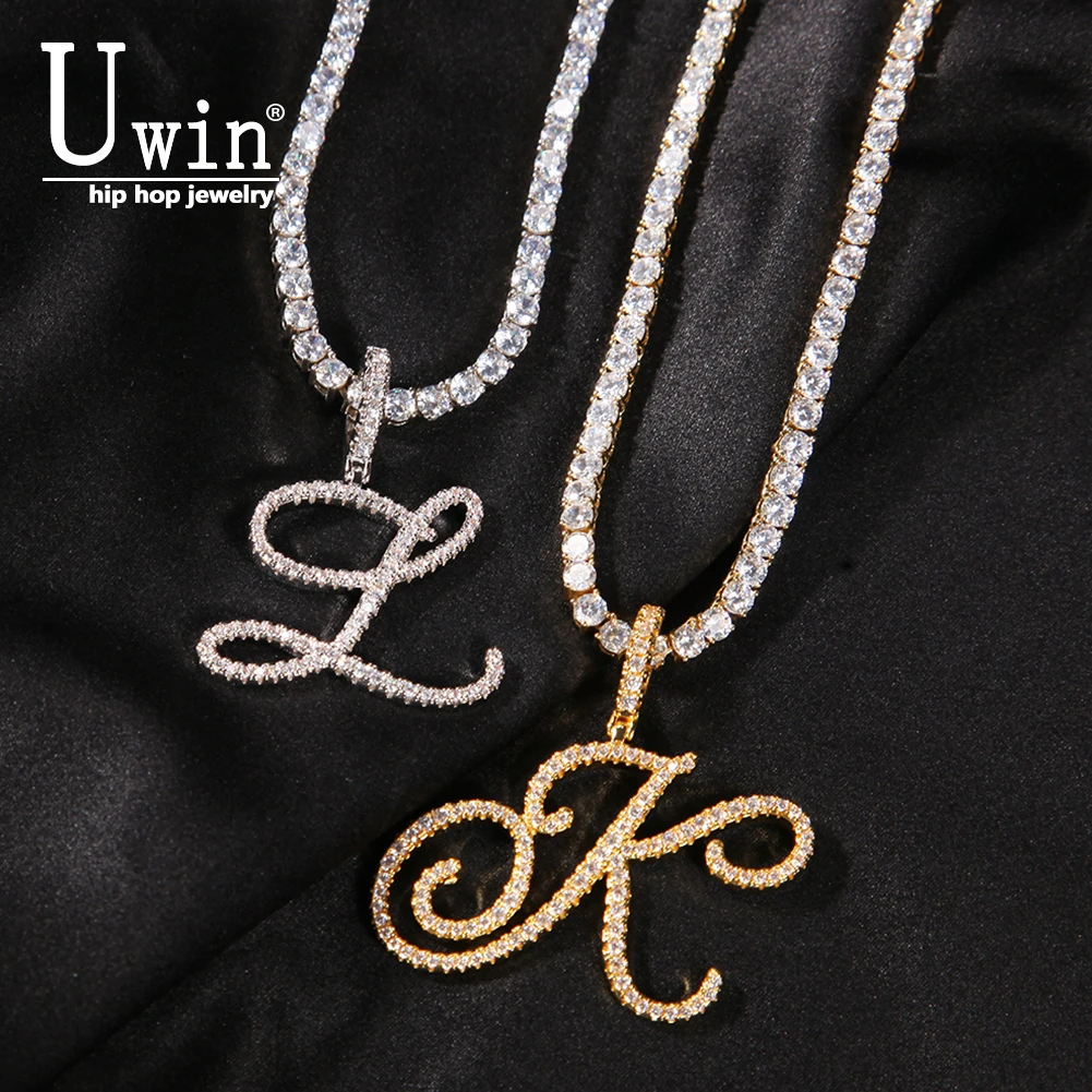 UWIN Cursive Letters Brush With Tennis Chain Cubic Zirconia Intial Name Necklace Jewelry Charm Hip Hop Necklaces Drop Shipping