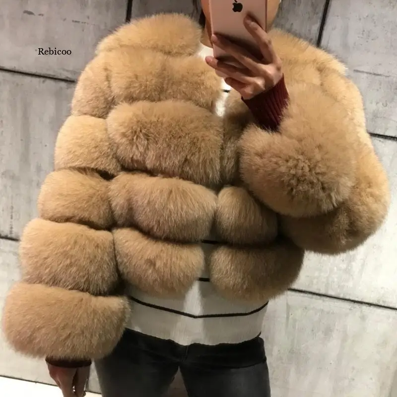 Winter  Women Warm Luxury Fake Fox Fur Coat Short Winter Fur Jacket Outerwear Natural Blue Fox Fur Jacket Outerwear