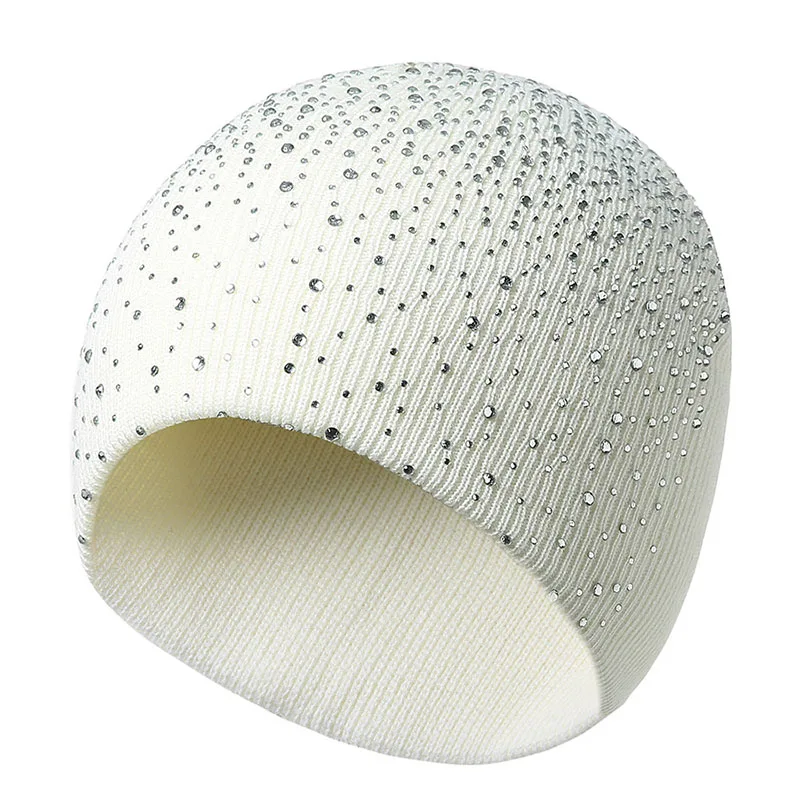 Spring Atumn Winter Hats for Women Knitted Beanie Cap Girls Wool Brand Hat with Shining Rhinestone Female Casual Hats