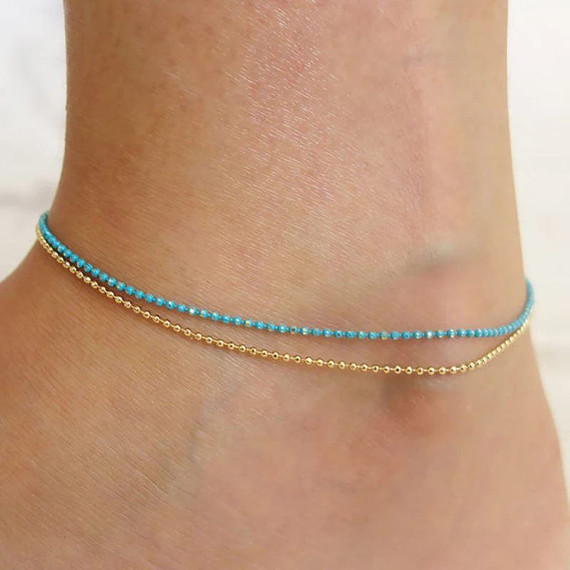 Bohemian Dainty Gold Beads Anklet Bracelet On The Leg Double Chain Foot Jewelry Women Ankle Chain Beach Ocean Anklets