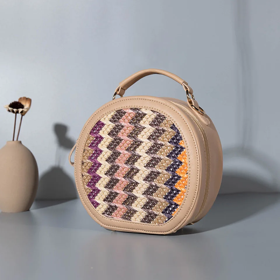 Summer Woven Patchwork Circular Straw Shoulder Bag Fashion Knitting Stripe Round Crossbody Bags For Women Leather Messenger Bag