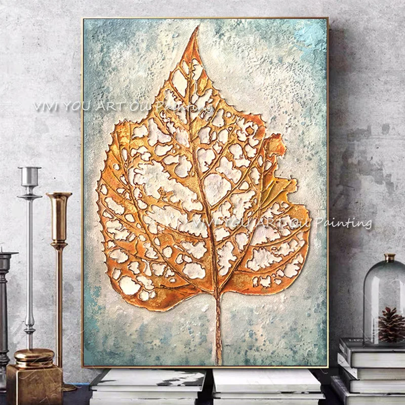 Original Hand Painted Thick Texture Golden Leaf Oil Art, Rustic Botanical Canvas, Handcrafted Modern Farmhouse Wall Decor