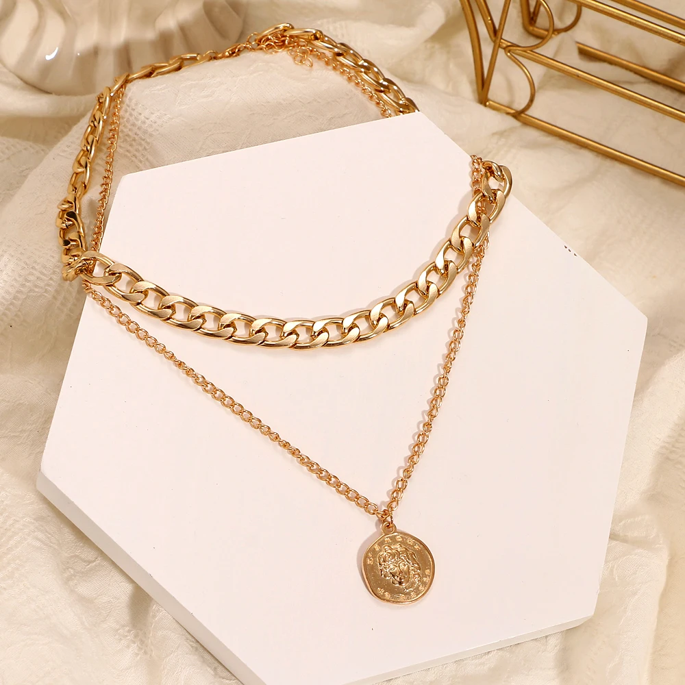 FNIO Punk Layered Chain Necklace Neck Chains for Women Vintage Exaggerated Golden Goth Hoop Metal Necklace 2021 Clavicle Jewelry