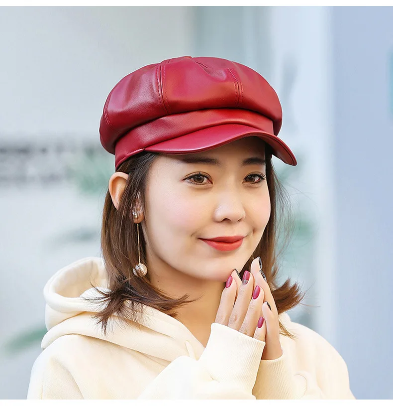 Fashion Solid color Octagonal Cap Hats Female Autumn Winter Leather Panama Stylish Artist Painter Newsboy Caps Beret Woman hat