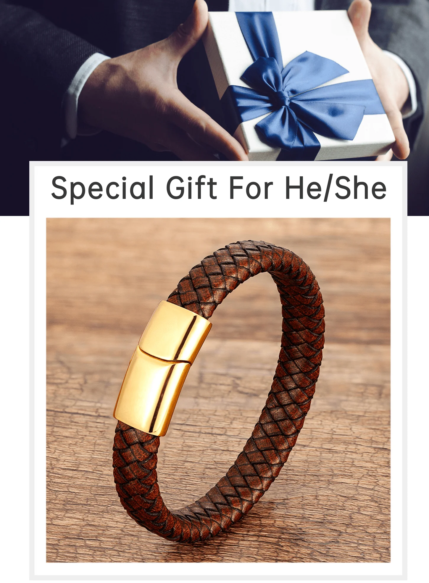 Modischer Herrenschmuck, braunes geflochtenes Lederarmband, Charm-Armband mit magnetischem Verschluss aus Edelstahl, Punk-Armband für Männer, Geschenk. – Detail 1