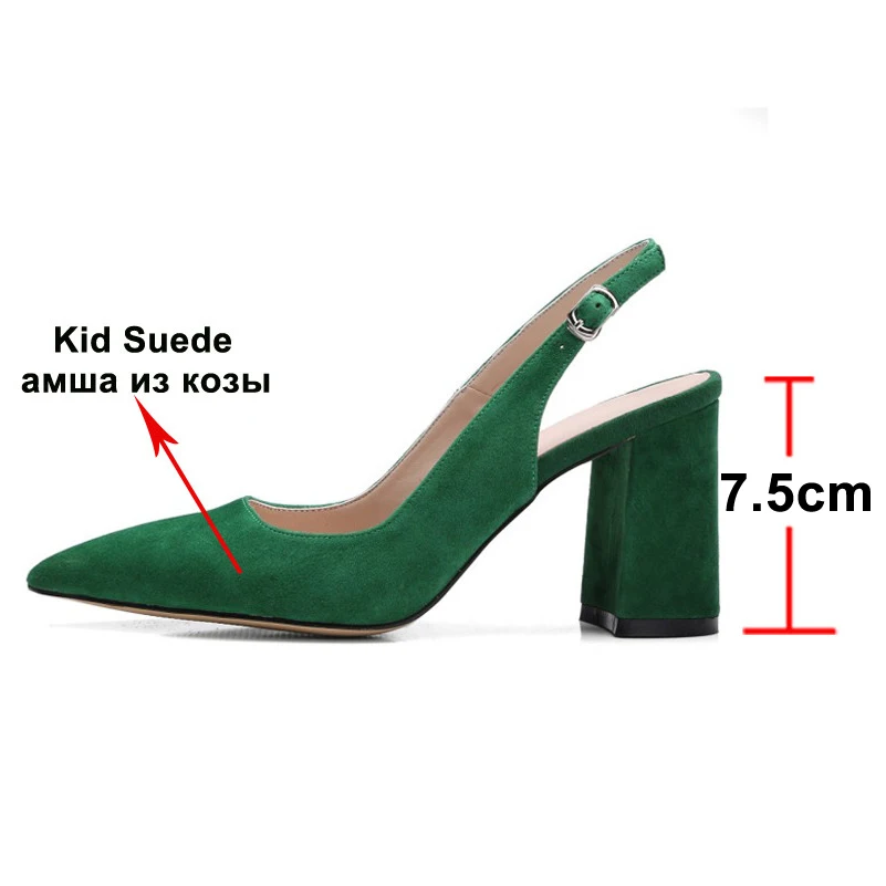 Meotina Genuine Leather Slingbacks Shoes Women High Heels Kid Suede Thick Heel Pumps Buckle Pointed Toe Ladies Footwear Size 42