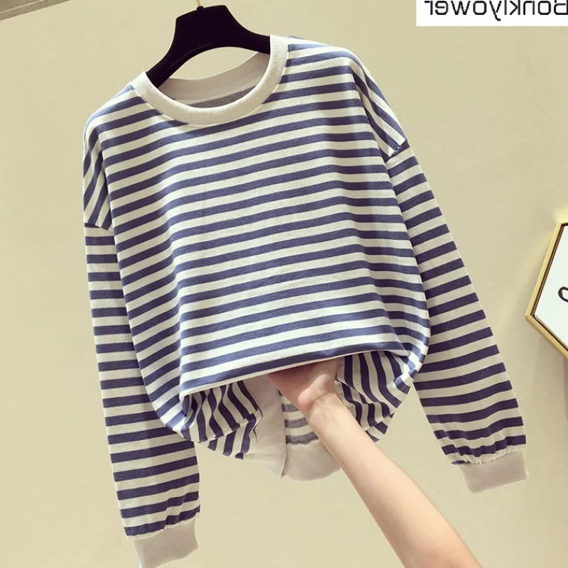 Women\'s Cotton Stripe Sweatshirt, Long Sleeve Slim Pullover, Round Neck Top, Loose, Spring and Autumn, New, 2024