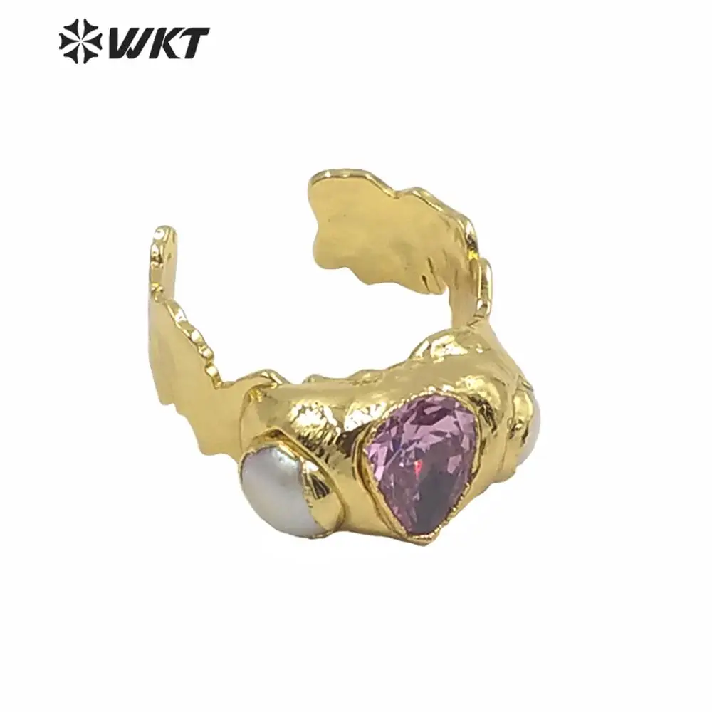 

MPR011 WKT New Arrival Exclusive Design CZ Pearl Charm Women Ring Party Jewelry With Gold Eletroplated Irregular Adjustable Size