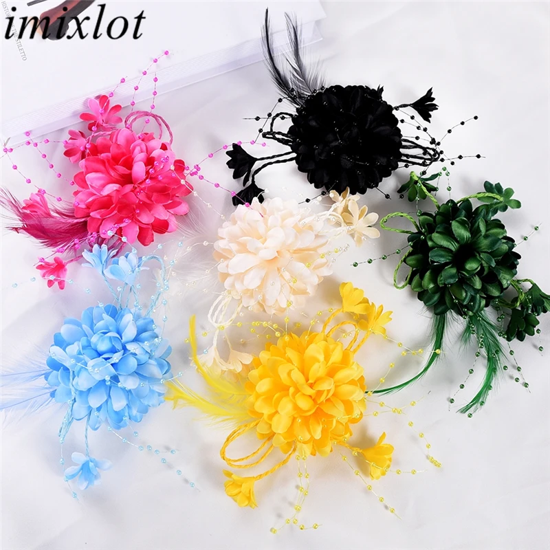 Imixlot Women Elegant Fashion Chrysanthemum Hair Clips Women Bohemian Feather Beads Tassel Party Wedding Hair Accessories