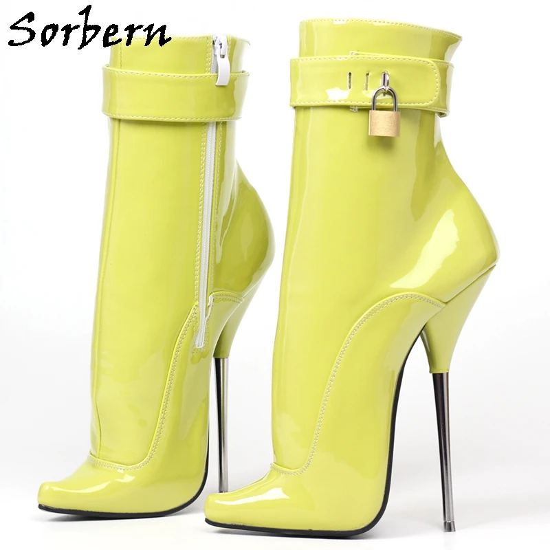 Sorbern Patent Yellow Ankle Boots Lockable Straps 18Cm Ballet Metal High Heels Pointy Toes Custom Color Fetish Shoes