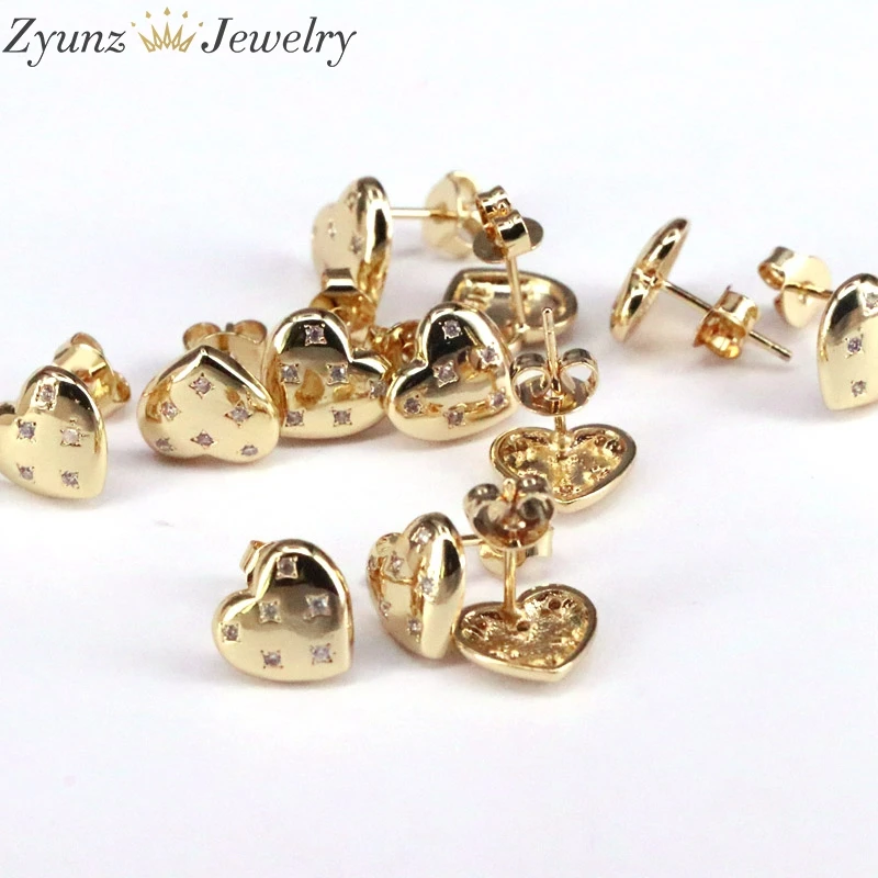 

10 Pairs, Top Quality Copper Stud Earrings Heart Crystal CZ Gold Color Jewelry Hot Sale Party Wedding Gift for Women