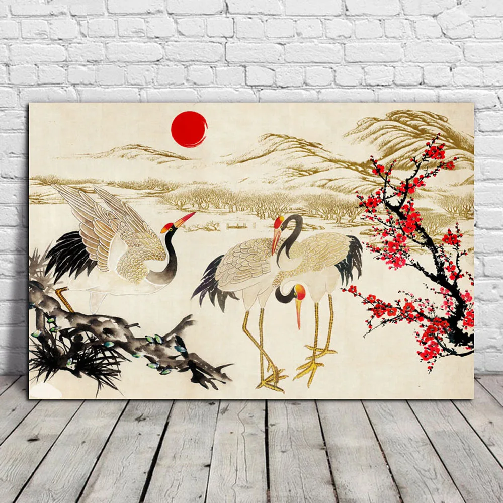 Wall Art Canvas Print and Poster Picture Canvas Painting Modern Pictures Home Decor for Living Room  Three red-crowned cranes