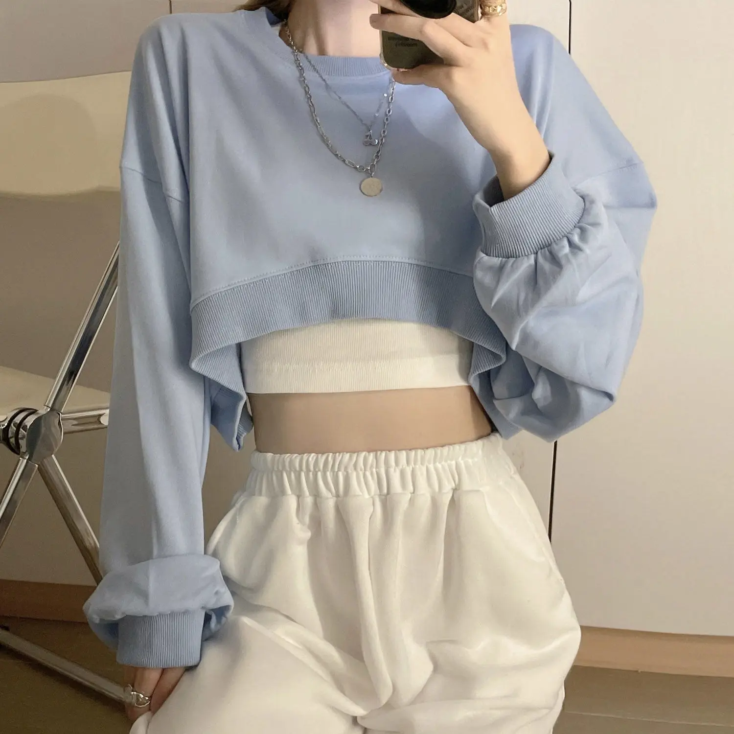 Sweatshirts Women Solid Cropped Sexy Loose All-match Navel Early Autumn Casual Harajuku Simple Pullover Aesthetic Clothes Mujer