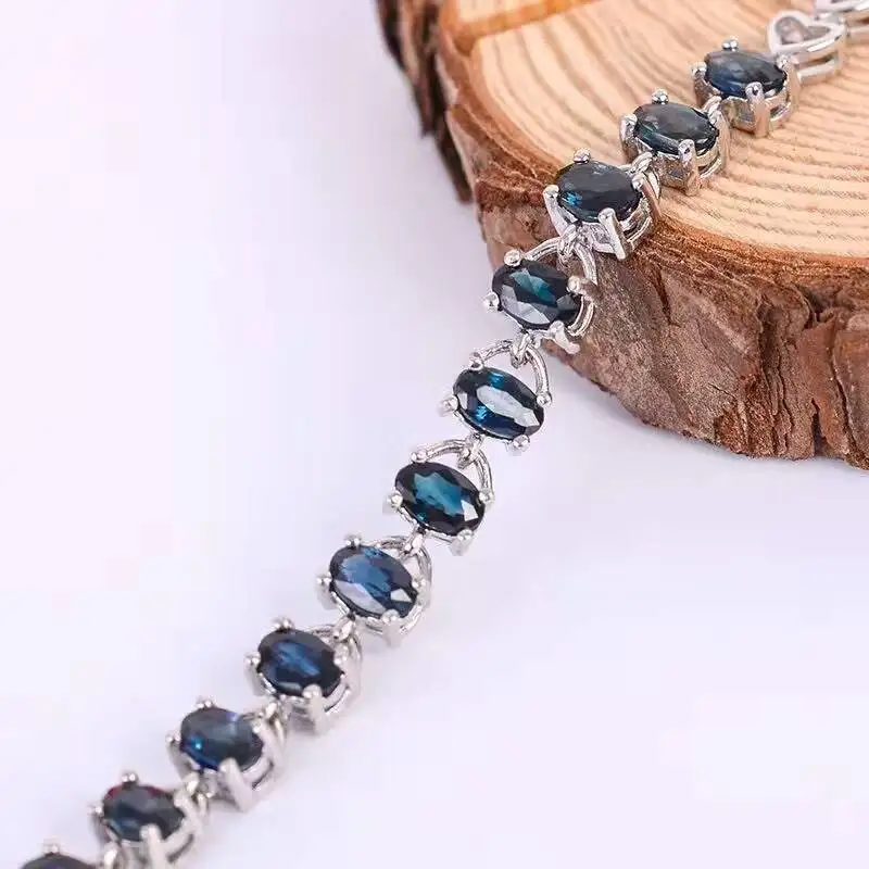 Promotion Sapphire Bracelet 12 Pcs 3.6ct Natural Dark Blue Sapphire Gemstone Bracelet Solid 925 Silver Gemstone Bracelet