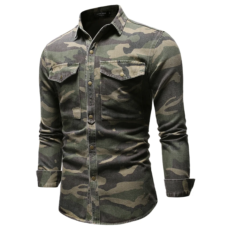

Fashion Camouflage Long Sleeve Denim Shirt Men Casual Lapel Single Breasted Fashion Men's Denim Shirt Pop Spring Mens Shirts