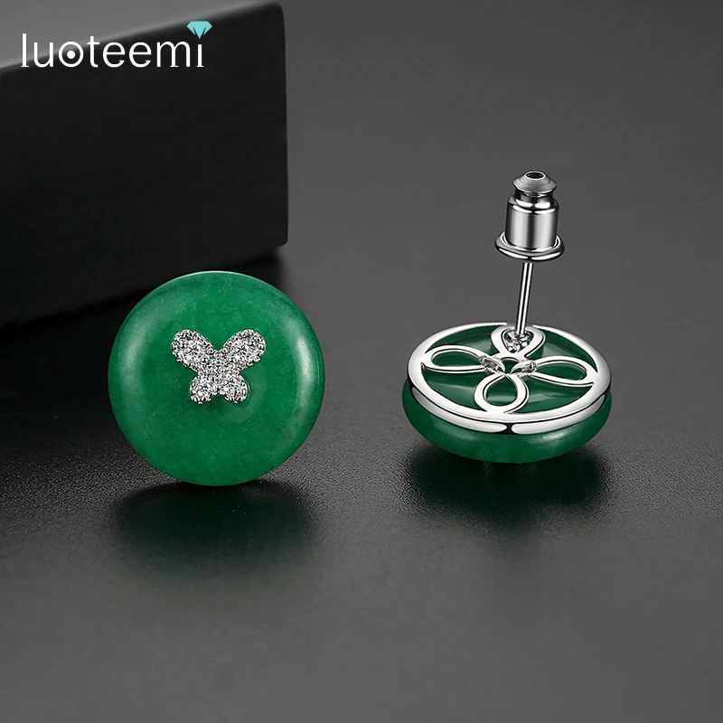 LUOTEEMI New Elegant Design Attractive Green Stones Round Stud Earring for Women Wedding Party Versatile Korean Jewelry for Girl
