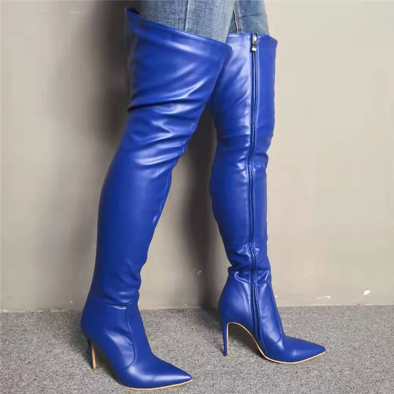 Sorbern 2020 Women Blue Boots Pointed Toe Sexy Party Boots Zipper Over Knee Length Boots