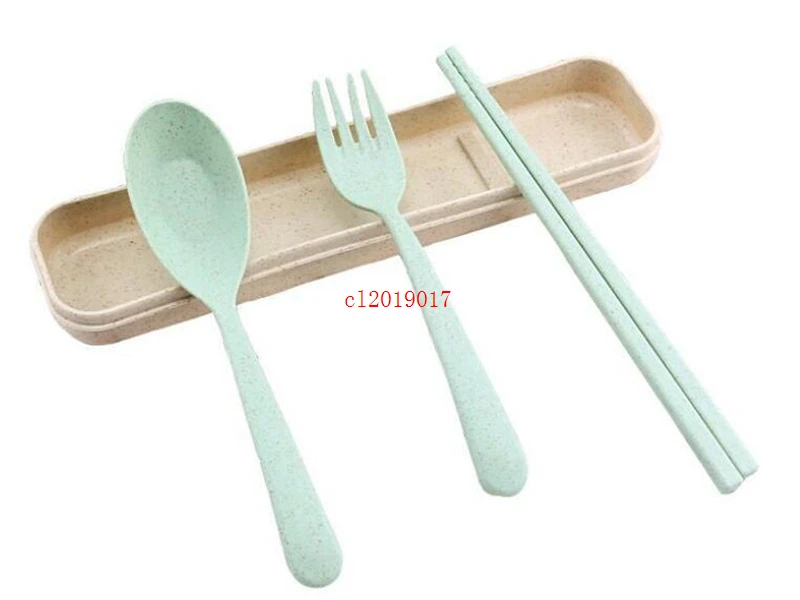 3 Pcs/set Wheat Straw Travel Tableware Cutlery Set With Dinnerware Case Cutlery Set Portable