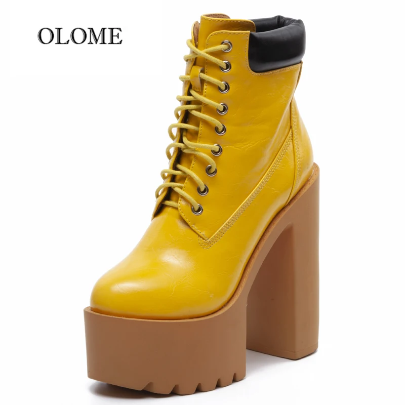 New Neon Yellow Ankle Boots For Woman Lace-up Platform Botas Mujer 2020 Pointed Toe High Heels Sexy Autumn Winter Boots Ladies