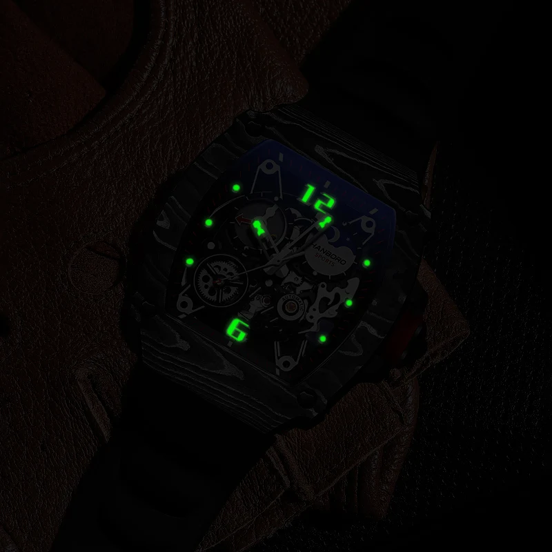HANBORO Orologio automatico da uomo Orologi di lusso Orologio da polso meccanico maschile Cassa tonneau luminosa Lunetta in fibra di carbonio Cinturino in caucciù