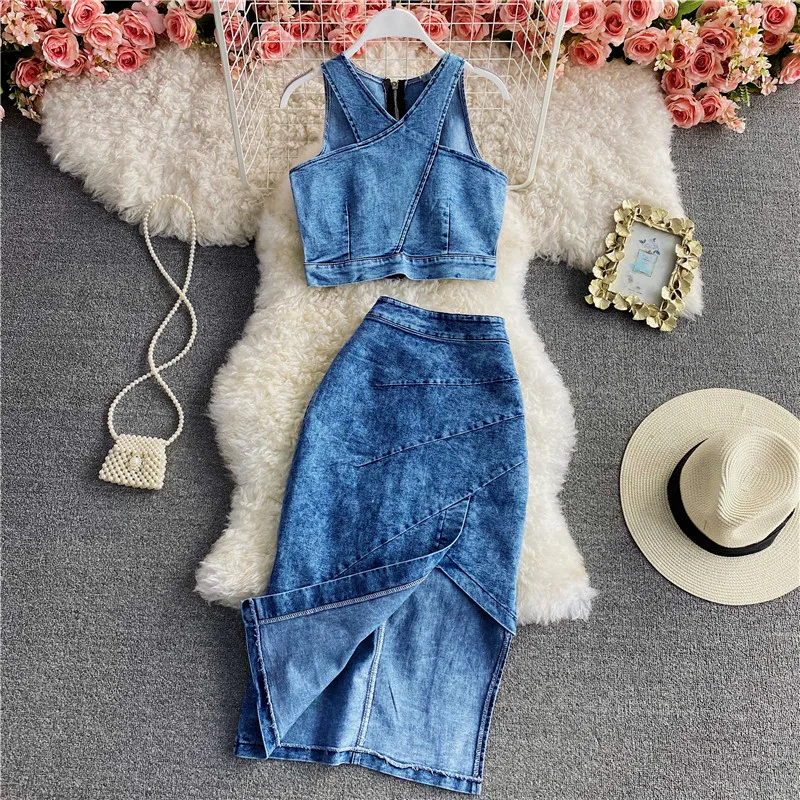 Amolapha Women Sleeveless Straps Denim Vest  Tops+Irregular Split Skirts Sets Female Jeans Costume Outfits