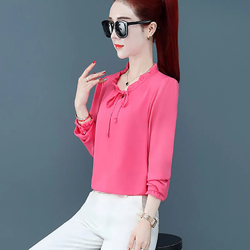 Women Spring Summer Style Chiffon Blouses Shirts Lady Casual Long Sleeve Stand Collar Blusas TOps RR0031