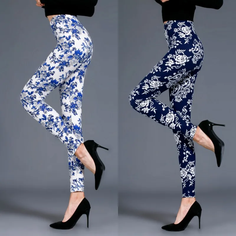 

Women Skull Printed Leggins Fitness Leggings Elastic Waist High Waist Trousers Blue and white porcelain printing Leggings