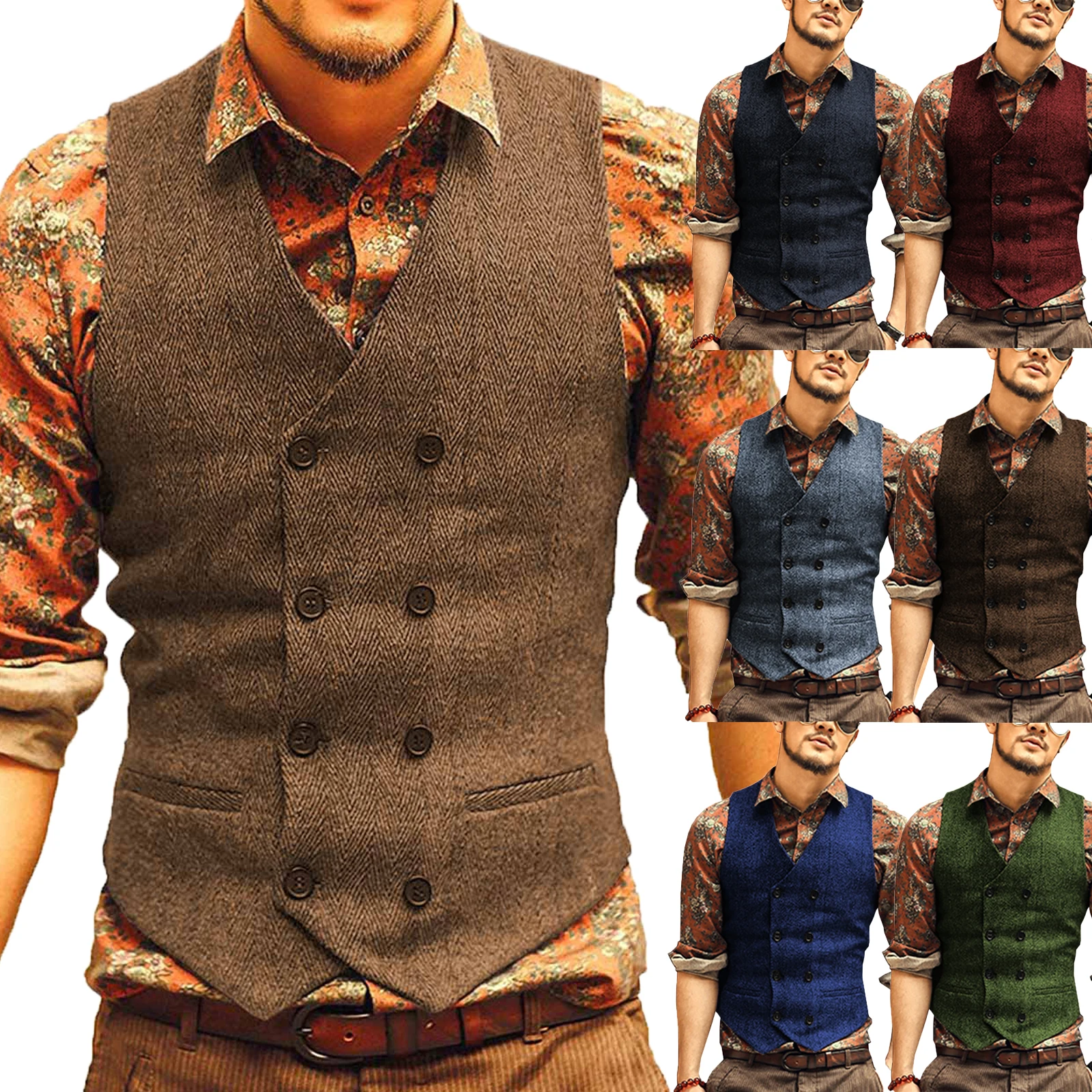 Casual Men's Brown Waiter Vest Jacket Slim Fit Prom Double Breasted Blazer Champagne Suits Waistcoat For Wedding Best Man Grooms