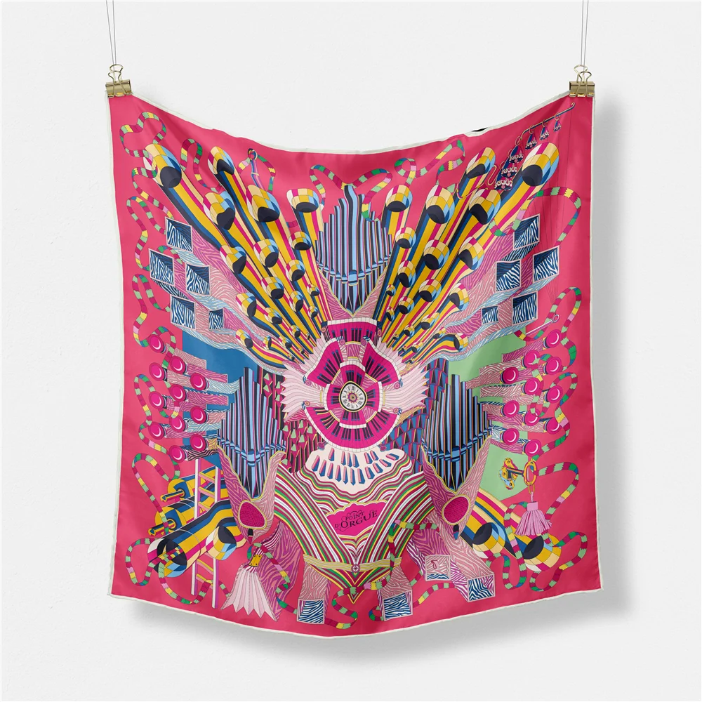 Twill Silk Scarf Woman Geometric Painting Square Scarves Wraps Bandana Small Hijab Silk Foulards Tie Headband Neckerchief 53CM