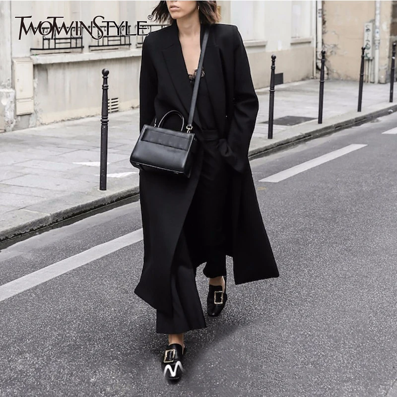 TWOTWINSTYLE Black Midi Blazer Women Long Sleeve Side Split Blazers Overcoat Female Fashion Clothes 2022 Spring Winter New